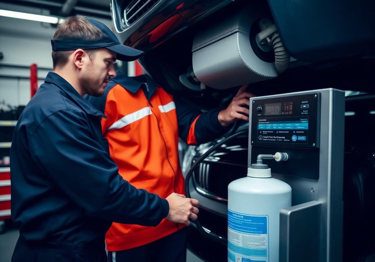 Mechanic regassing a vehicle air conditioning system