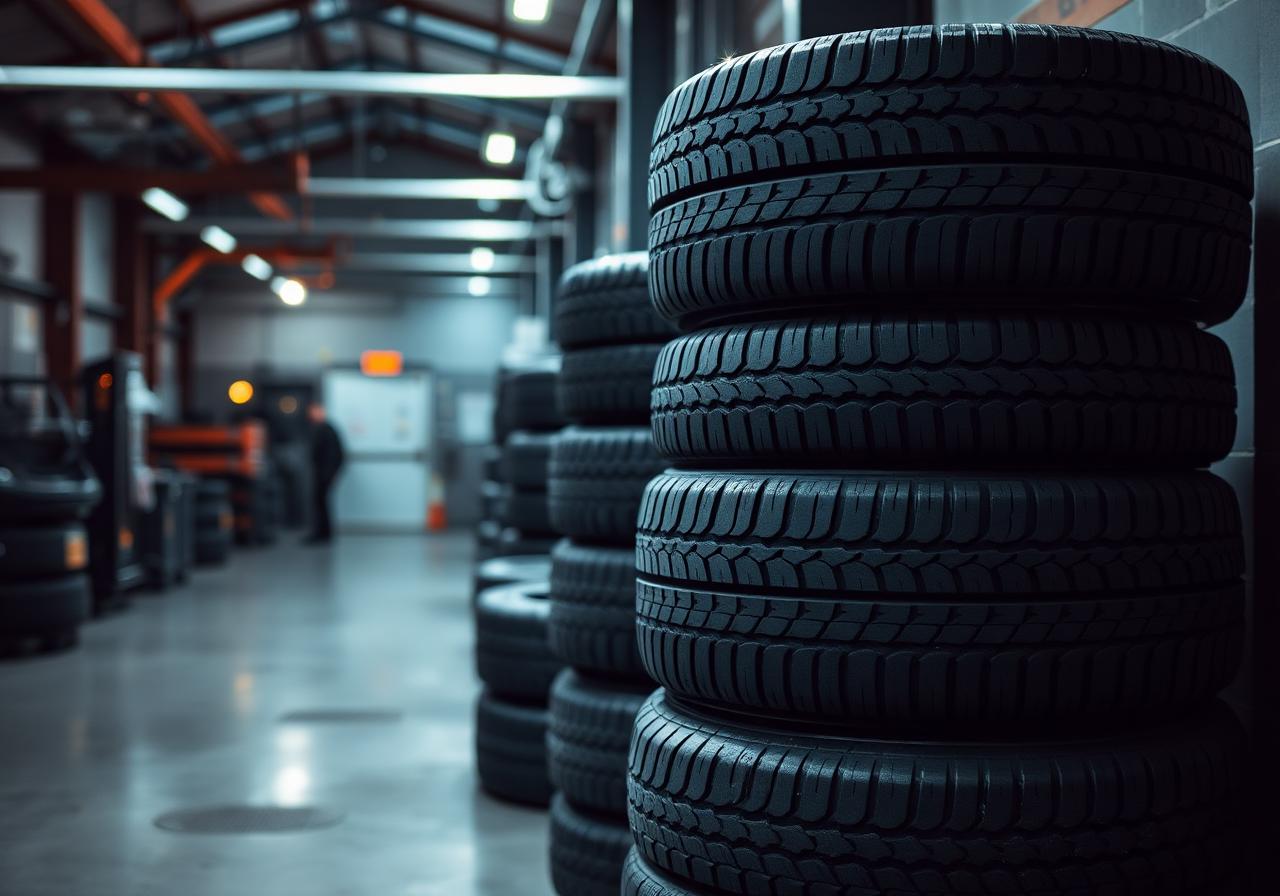 Stack of new car tyres ready to fit